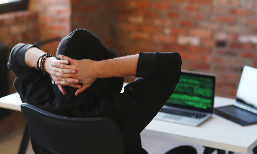 Different Types of Phishing Techniques a phisher in a black hoodie looking at his laptop and the encrypted information from his malware