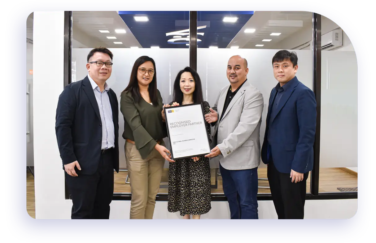 Fostering Business Transformation DBA executives receiving the Recognised Employer Partner certificate from representatives of CPA Australia