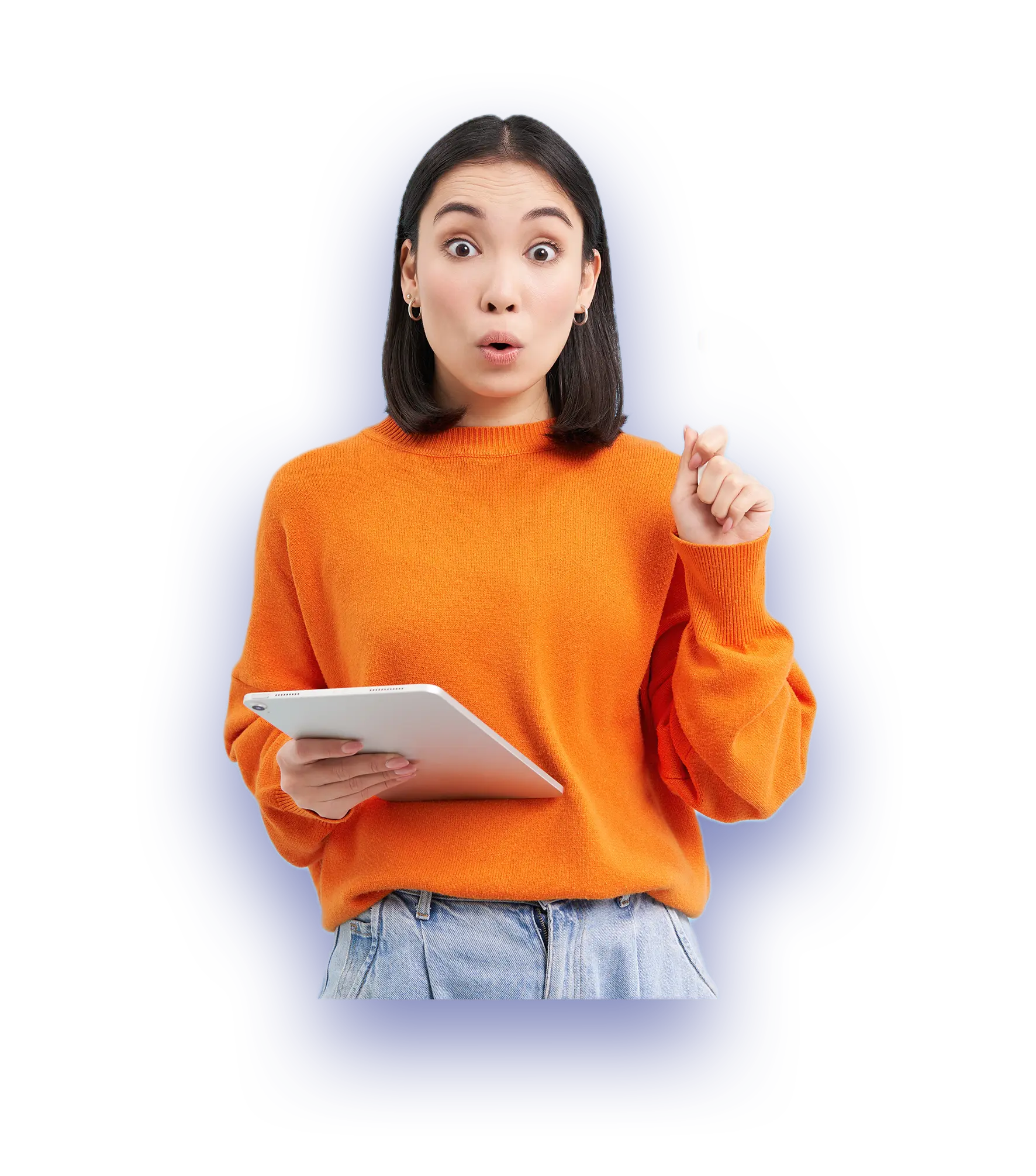 Outsource Creative Services a woman wearing an orange sweater and holding a tablet who is suprised about her sales increase