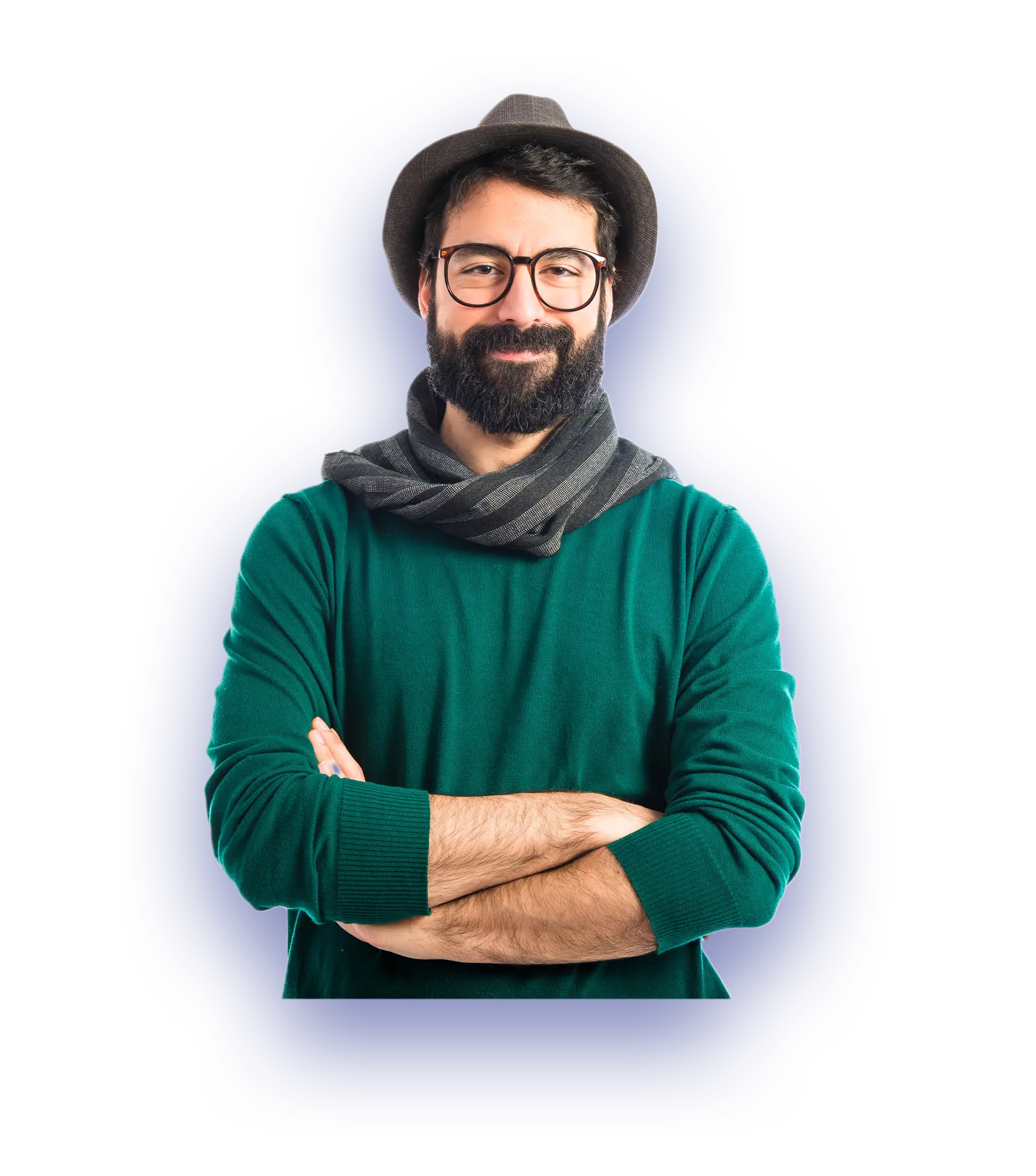 Outsource Creating Services a male graphics designer wearing a green sweater, hat, glasses and a scarf