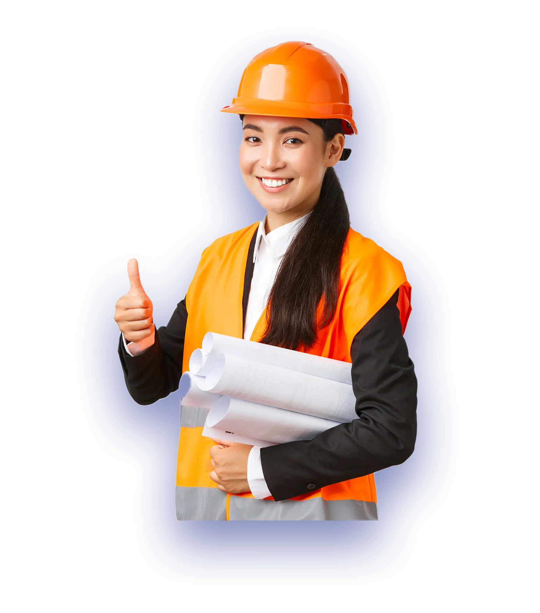 Proactive Facilities Management female architect holding blueprints with thumb up over compliance needs